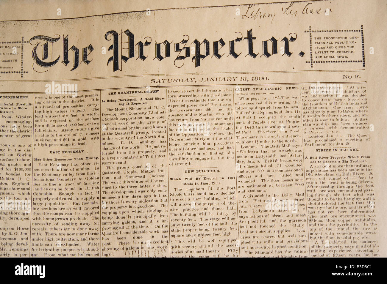 antique daily newspaper from january 13,1900 Stock Photo
