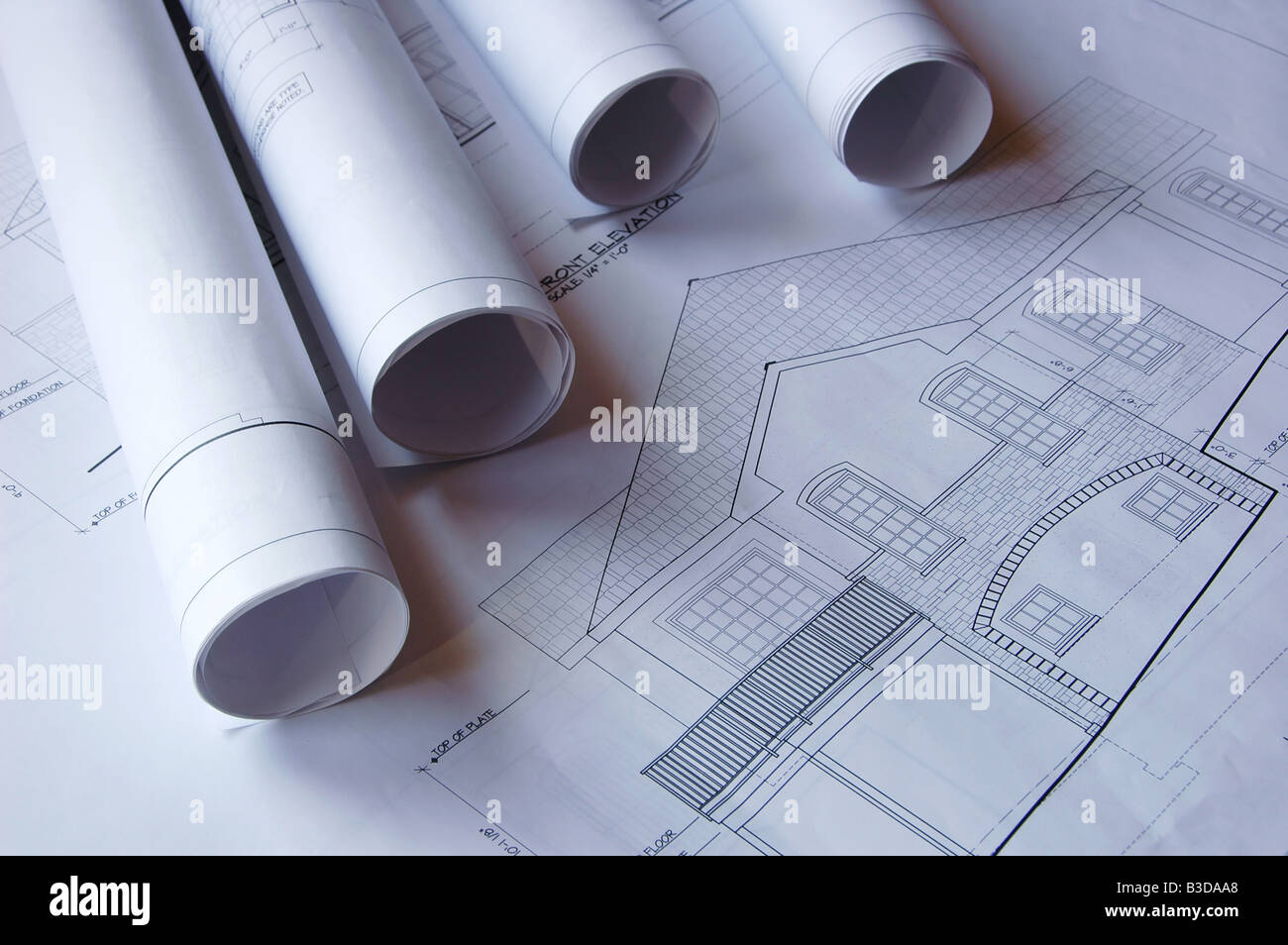 Blueprints of a house and rolls Stock Photo