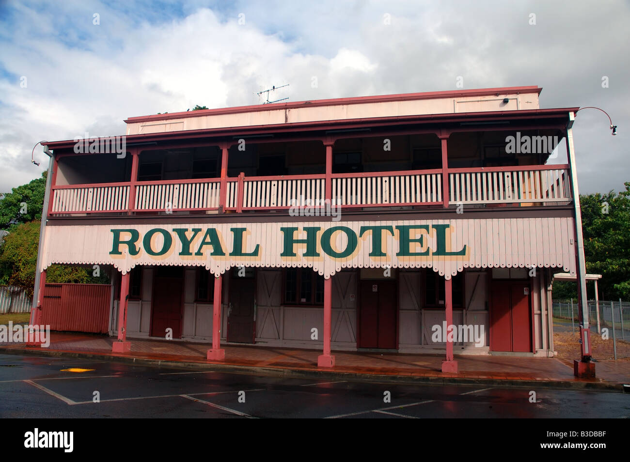 Traditional architectural style of the Royal Hotel pub in the main street of Mossman far north Queensland Australia No PR Stock Photo
