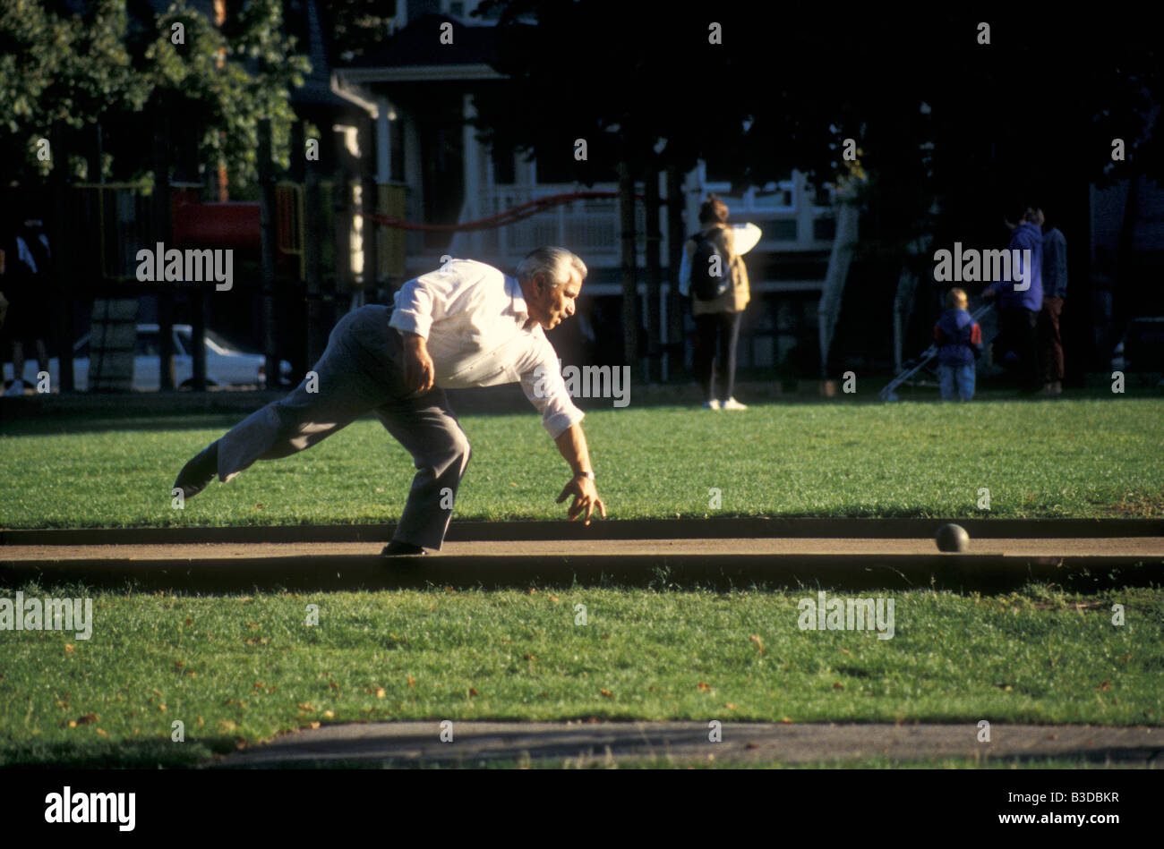 Italian immigrant playing Bocce Ball in Vancouver, British Columbia, Canada Stock Photo