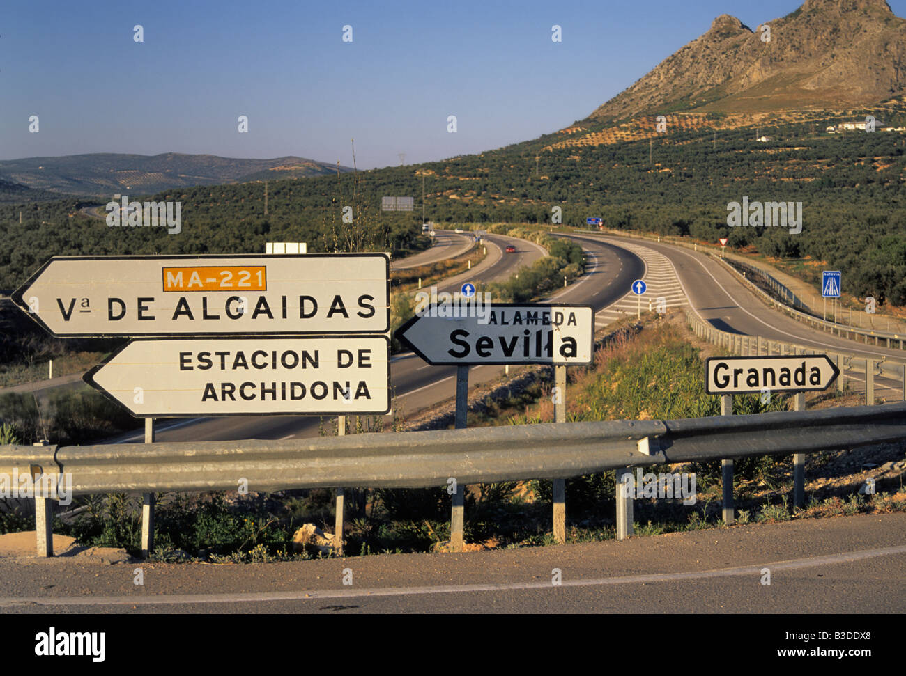 Signs at freeway intersection near Antequera Andalusia Malaga Province Spain Stock Photo