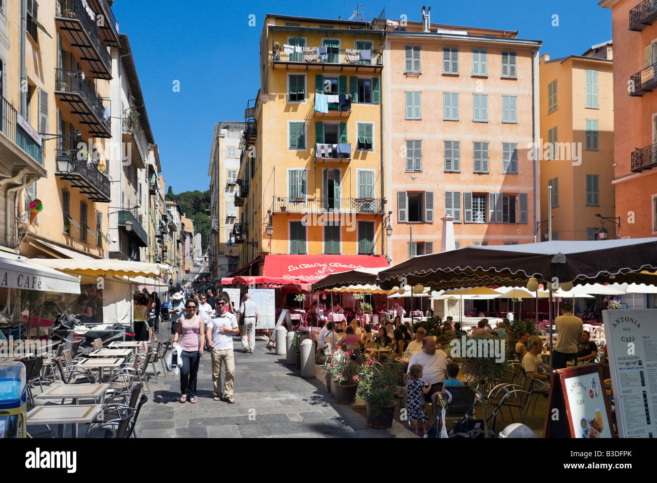 Cafes and bars in Place Rossetti in the old town (Vieux Nice), Nice, Cote d'Azur, French Riviera, France Stock Photo