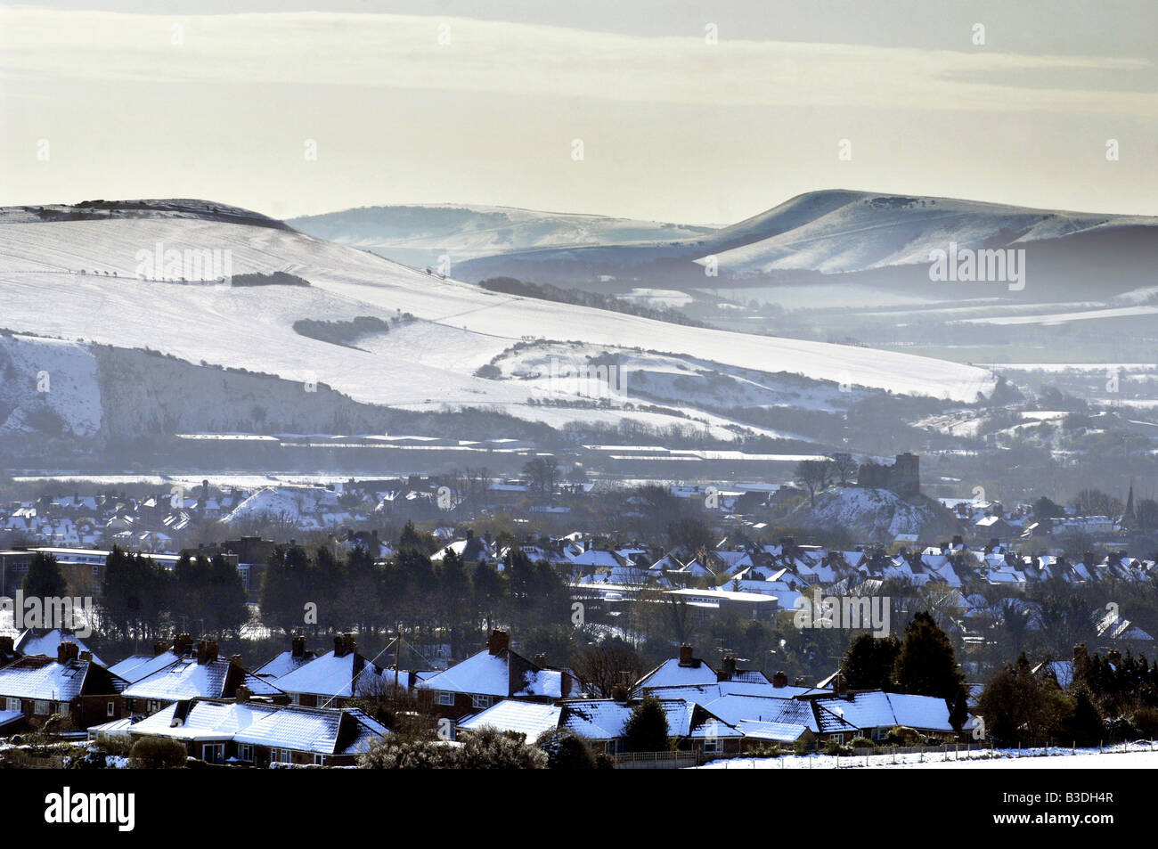 Lewes, East Sussex, in snow, the South Downs, hills, Lewes Castle, Firle Beacon, Mount Caburn Stock Photo