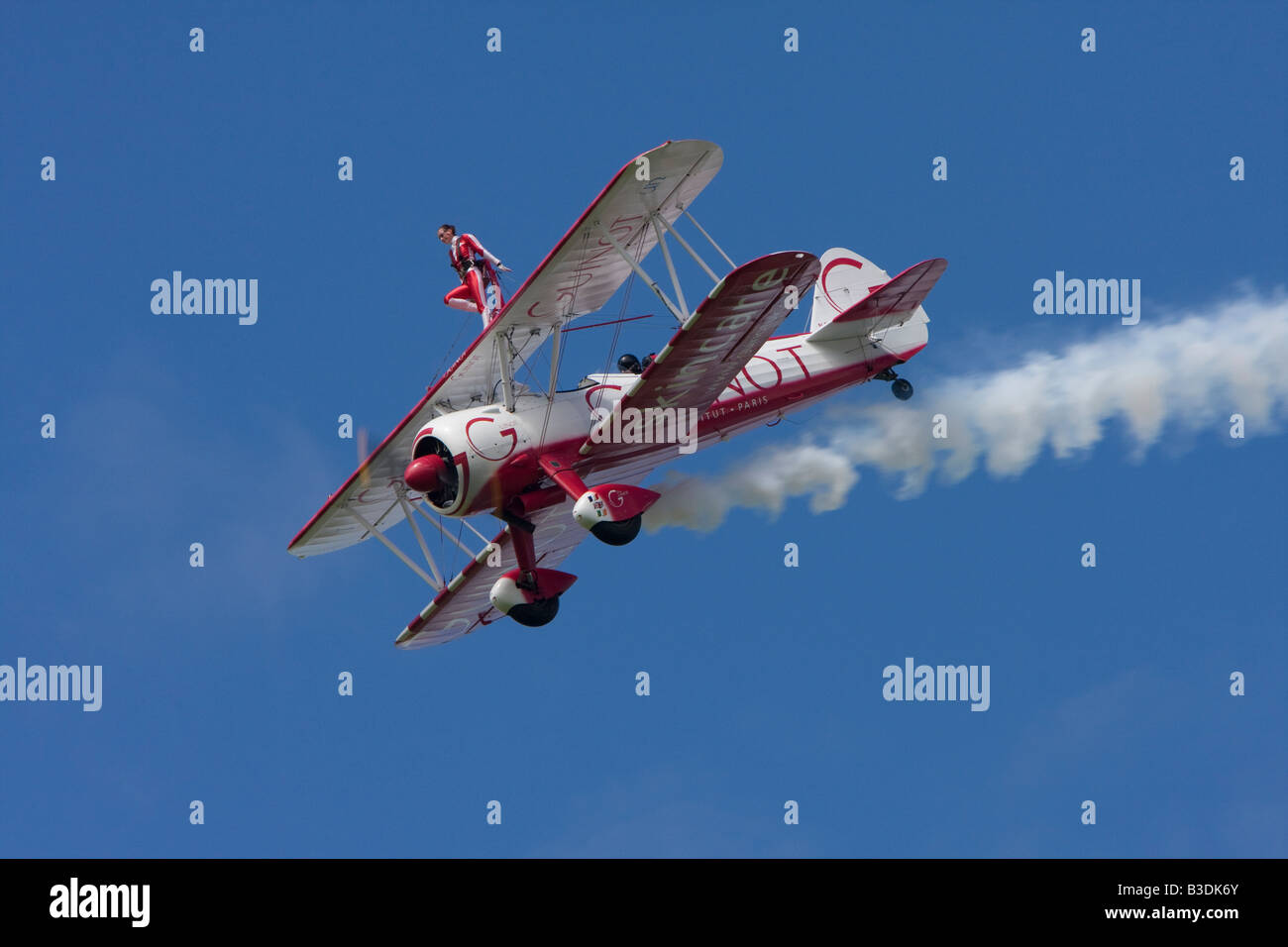 Boeing Stearman PT 17 Kaydet of the Team Guinot wing walking display team at Sywell Stock Photo