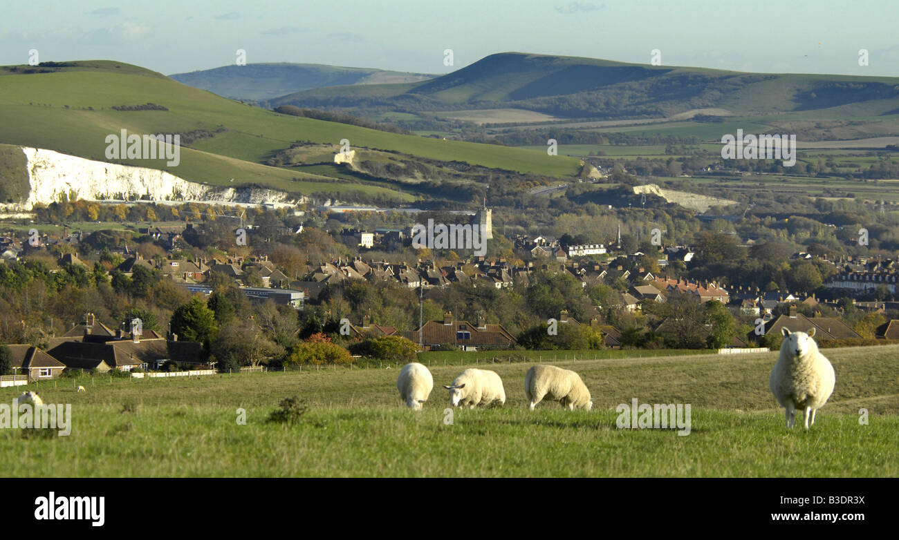 Lewes, East Sussex, the South Downs, hills, Lewes Castle, Firle Beacon, Mount Caburn, sunrise, Ouse Valley, sheep Stock Photo