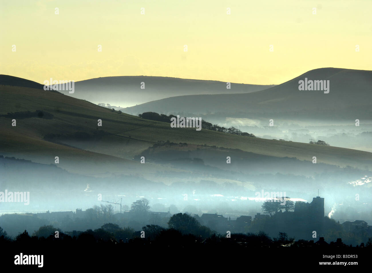 Lewes, East Sussex, in mist, the South Downs, hills fog Lewes Castle, Firle Beacon, Mount Caburn, sunrise, national park, castle Stock Photo