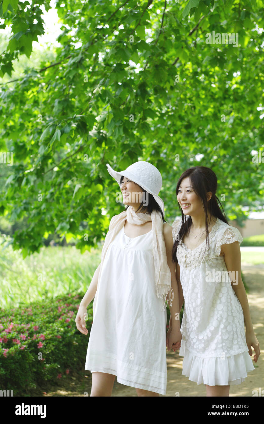 Two young women smiling Stock Photo