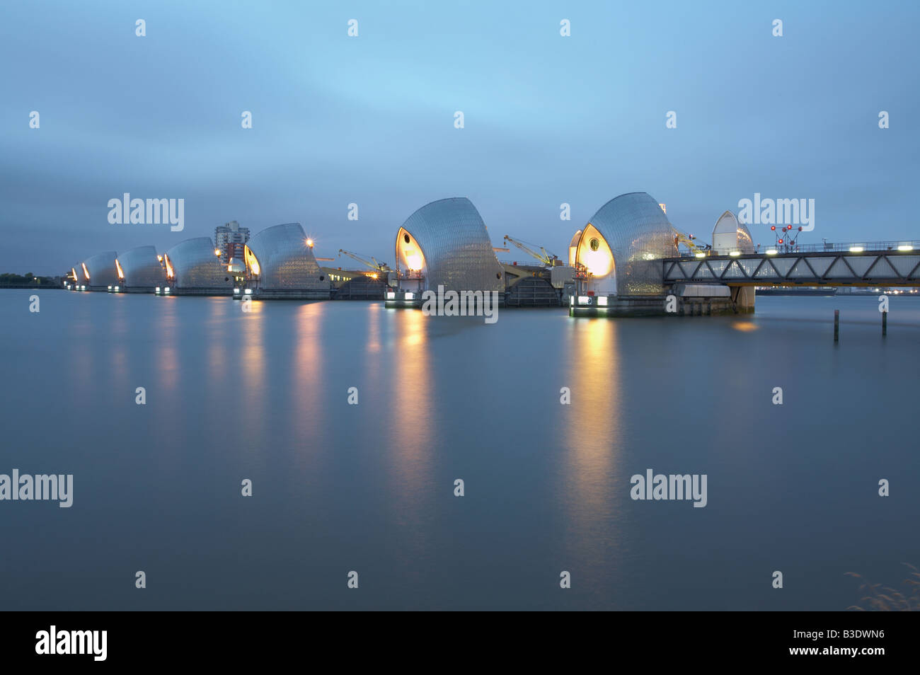 The Thames Barrier at dusk on the River Thames in London England UK ...