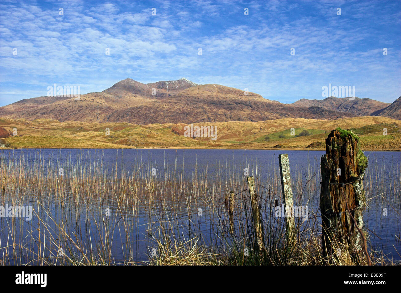 Ben Cruachan viewed from the far banks of Loch Tromlee on a sunny morning Stock Photo