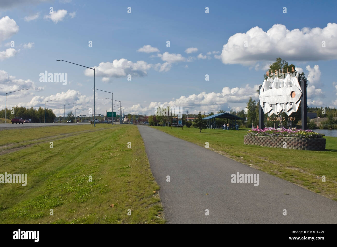 Sign welcoming visitors to Wasilla Alaska Stock Photo