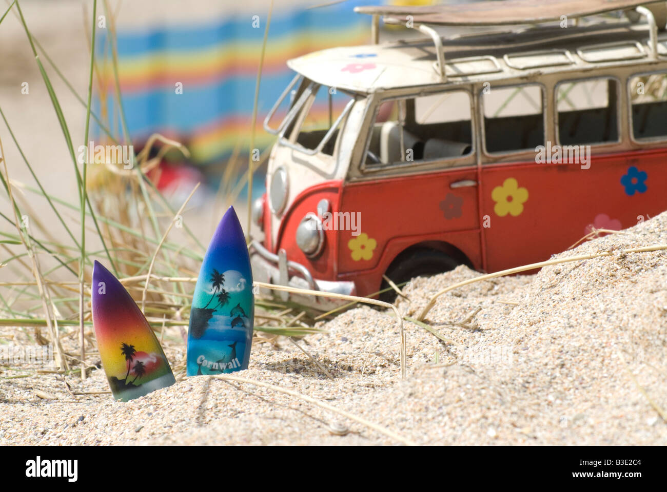 Toy VW campervan and surfboards Fistral Beach Newquay Cornwall Stock ...