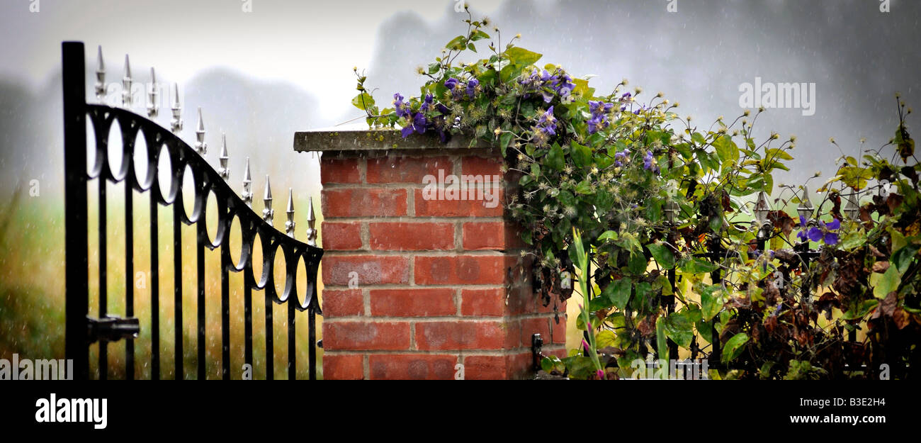 open wrought iron decorative garden gate hanging off brick pillar with clematis covered brick