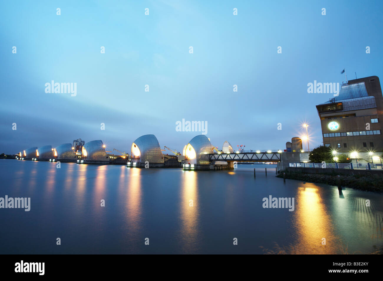 The Thames Barrier at dusk on the River Thames in London England UK ...