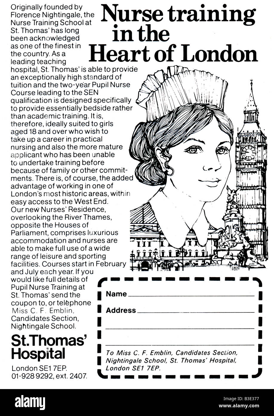 1975 Young Women's Magazine Advertisement for Nurse Training at St Thomas' Hospital London . FOR EDITORIAL USE ONLY Stock Photo