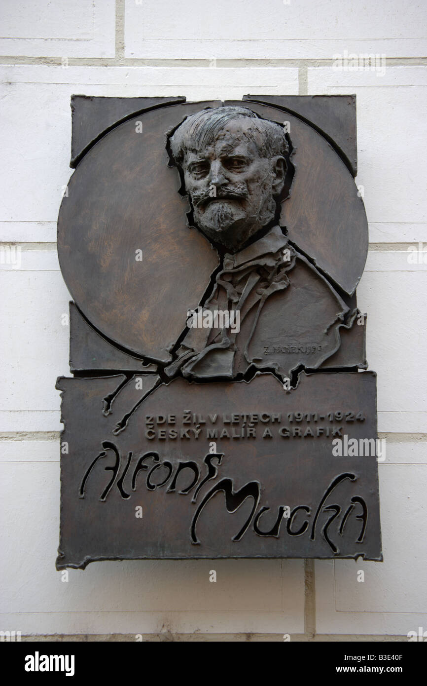 Plaque marking the Alphonse Mucha Museum near Wenceslas Square in Prague Czech Republic Stock Photo