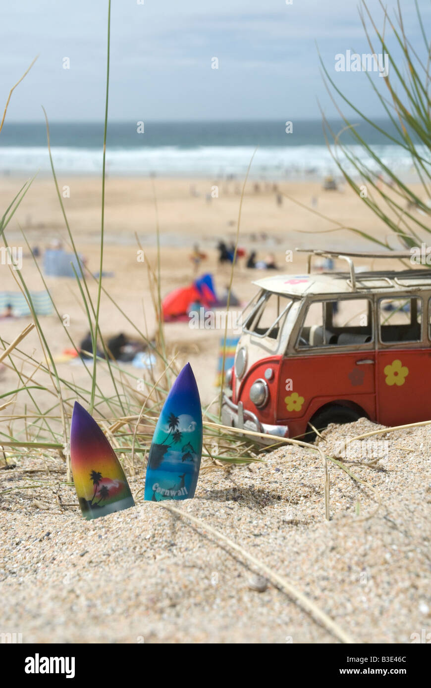 Toy VW campervan and surfboards Fistral Beach Newquay Cornwall Stock Photo