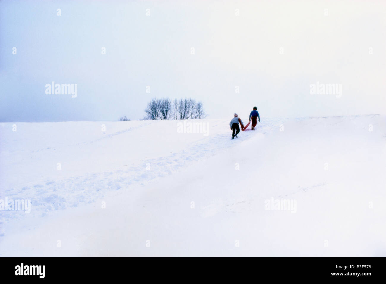 Boys pulling sled up snowy hill Stock Photo
