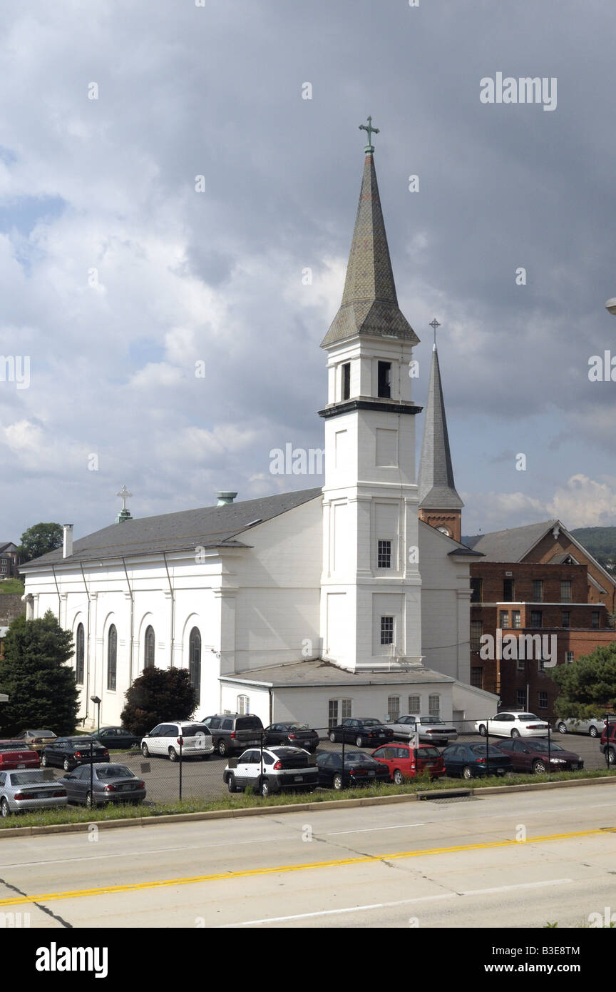Cars parked in parking lot of a church for Sunday morning services in