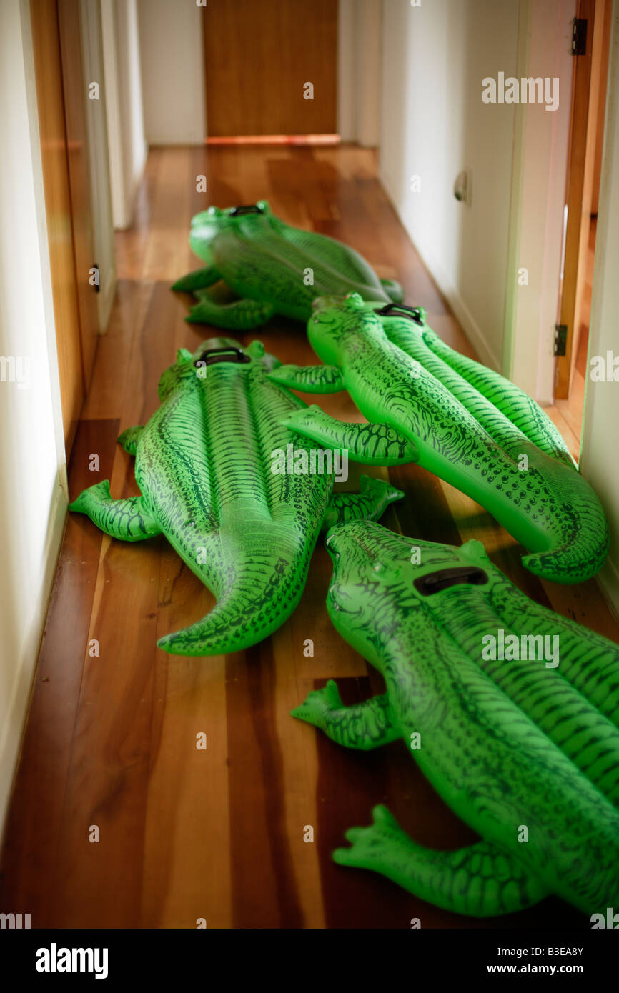 Inflatable crocodile series Rushing down the corridor Stock Photo