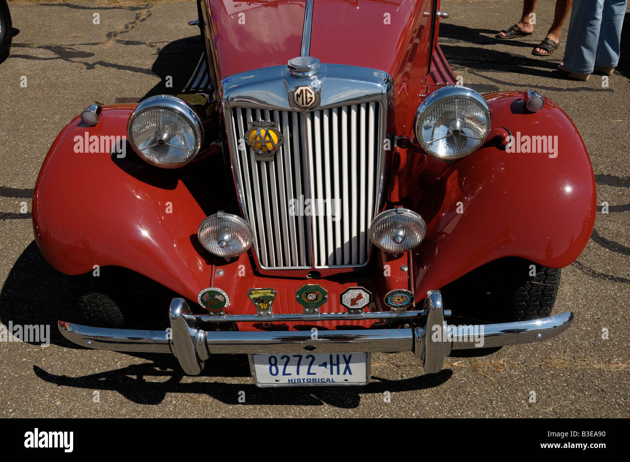 Red MG-TD, circa 1946 at antique car show. Stock Photo