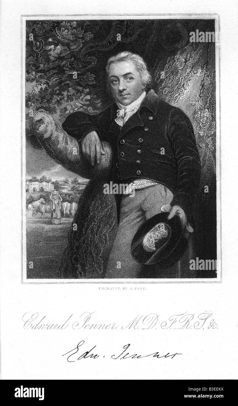 Jenner, Edward, 17.5.1759 - 26.1.1823, English medic / physician, discovering of smallpox and cowpox 1796, half length, engraving by R. Page 1828 after painting by John Raphael Smith 1800, historic, doctor, medicine, vaccination, , Artist's Copyright has not to be cleared Stock Photo