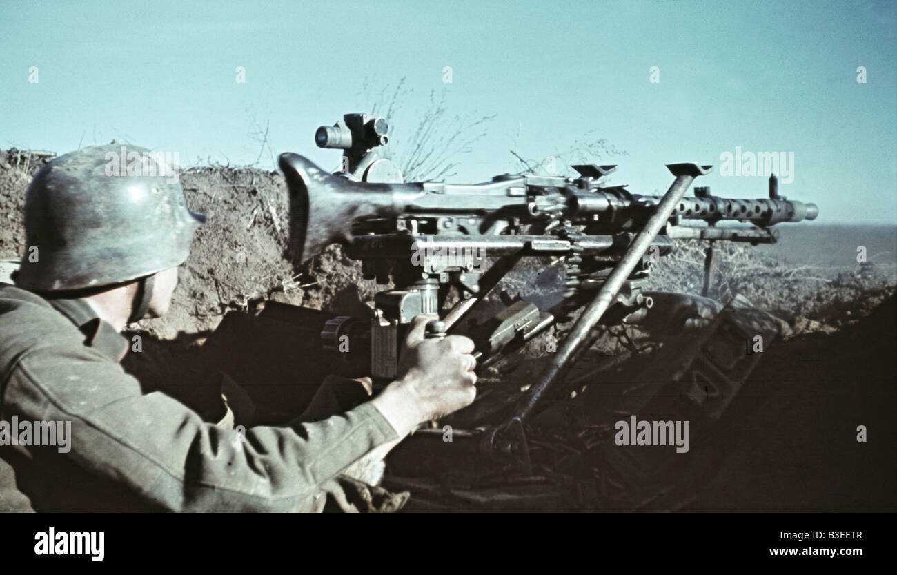German machine gunner aiming/ WWII/ 1942 Stock Photo