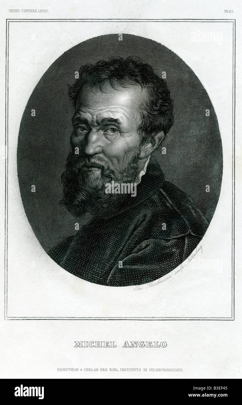 Michelangelo Buonarotti, 6.3.1475 - 18.2.1564, Italian sculptor, portrait, steel engraving by Jacob Fleischmann, 19th century, Artist's Copyright has not to be cleared Stock Photo