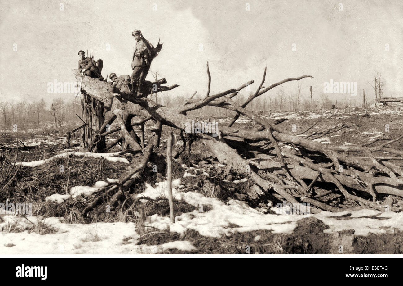 events, First World War / WWI, Western Front, Battle of Verdun 1916, German soldiers in destroyed landscape near post 'Prussia' in the Montfaucon forrest, France, Stock Photo