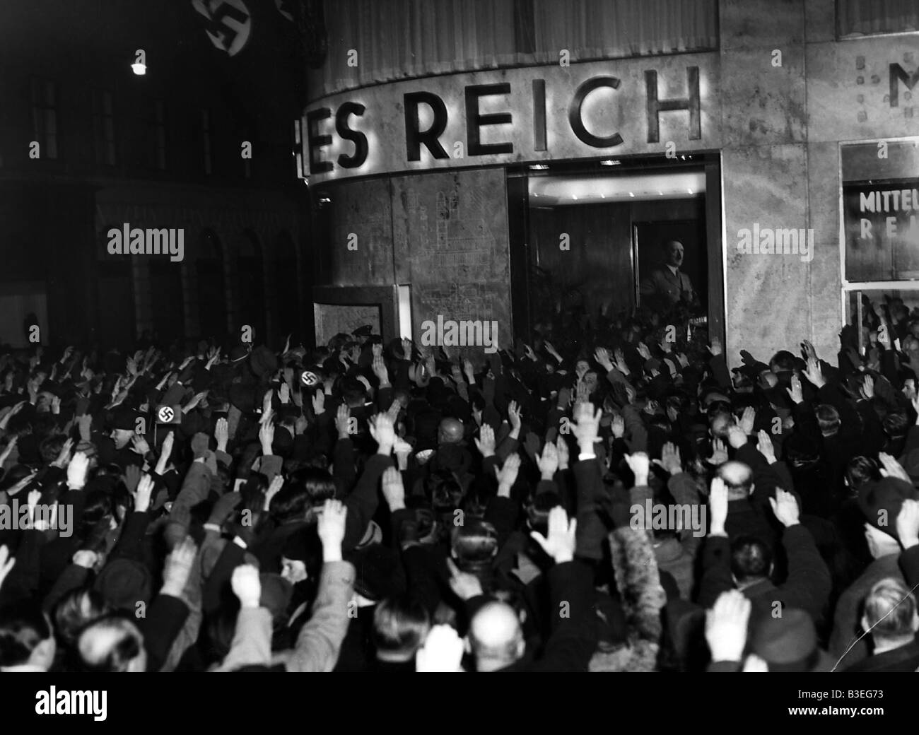 Nazism / National Socialism, politics, annexation of Austria 1938, Austrian Nazis in front of the German Traffic Office, Vienna, 12.3.1938, Nazi Germany, Third Reich, Anschluss, occupation, people, crowd, Hitler salute, 20th century, historic, historical, 1930s, Stock Photo