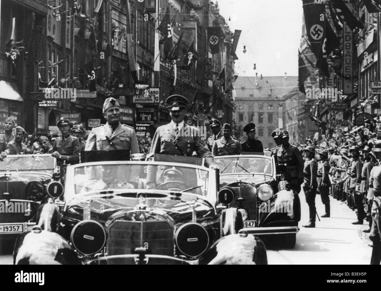 Hitler and Mussolini in a car / 1940 Stock Photo