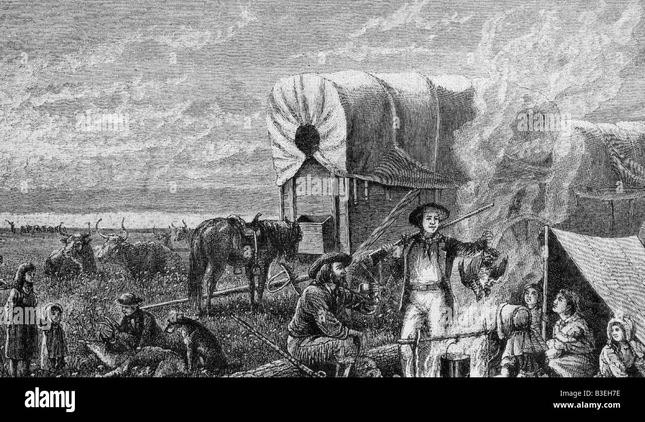 geography / travel, USA, people, settler, camp of settlers by night, engraving, 19th century, historic, historical, North America, American Old West, covered wagon, fire, treck, tent, pioneers, wild west, Stock Photo