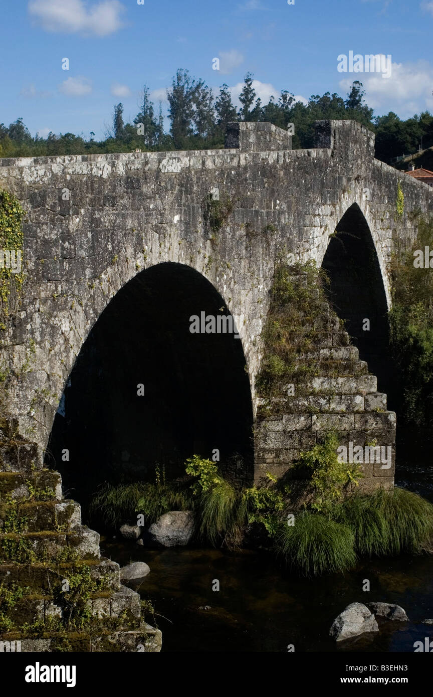 Gothic bridge in Ponte Maceira WAY OF SAINT JAMES or CAMINO DE SANTIAGO - GALICIA region SPAIN Stock Photo