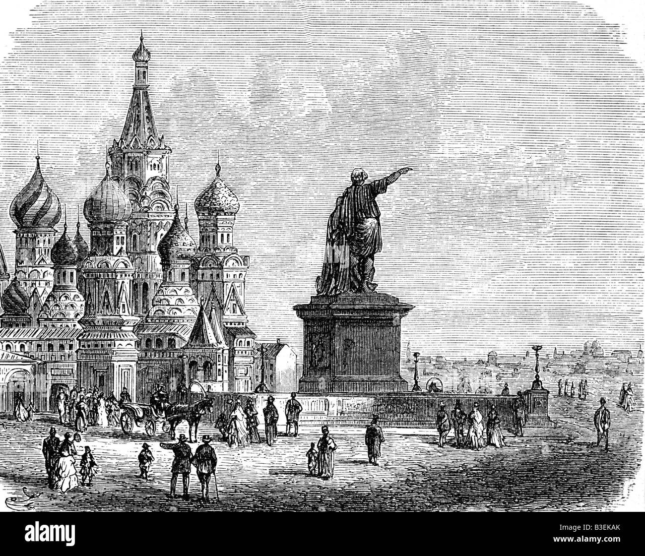geography / travel, Russia, Moscow, churches, Wassili cathedral, orginial engraving, 19th century, historic, historical, Europe, architecture, building, church, monument, statue, imperial roof, onion dome, people, Stock Photo