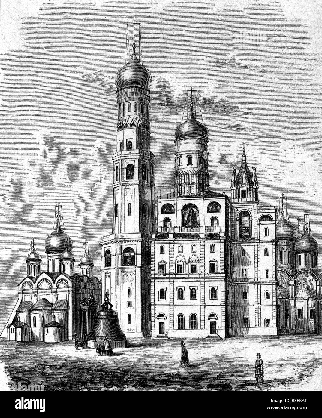 geography / travel, Russia, Moscow, churches, Ivan Velicki convent, original engraving, 19th century, historic, historical, Europe, church, architecture, onion dome, people, Stock Photo