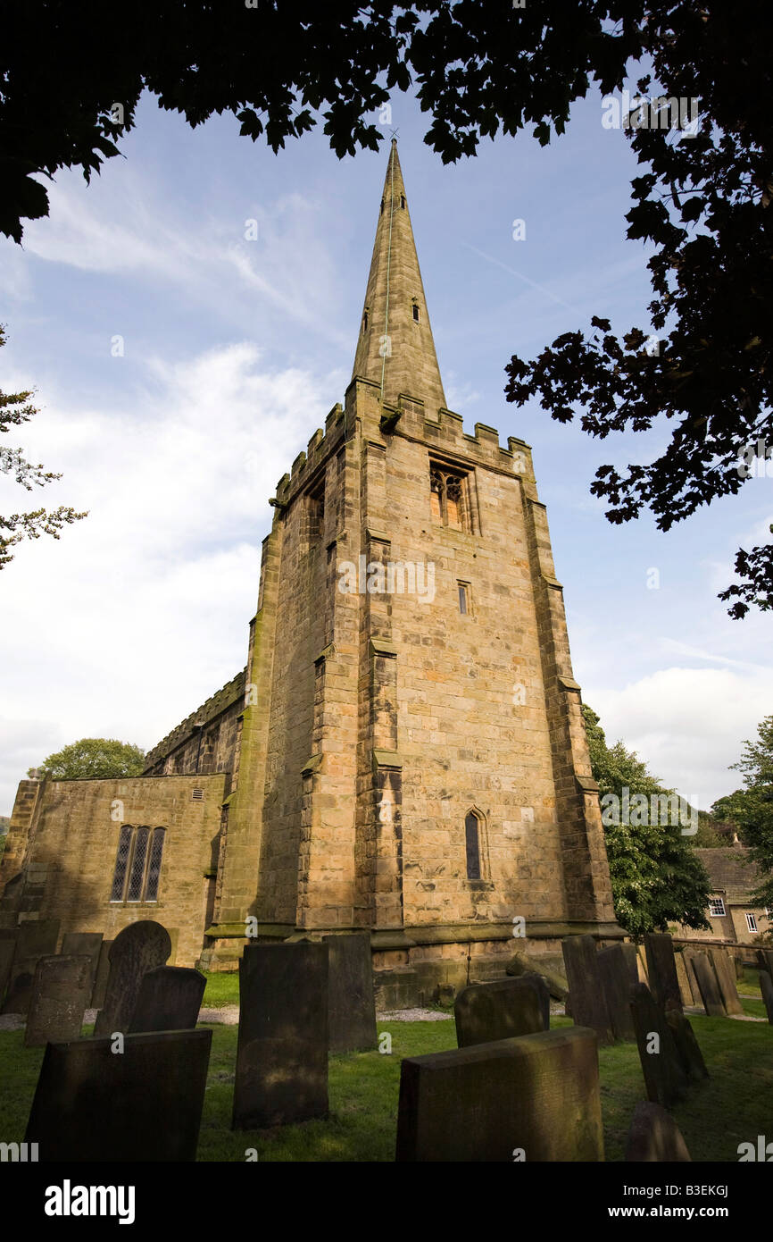 UK Derbyshire Ashover village landmark spire of All Saints parish church Stock Photo