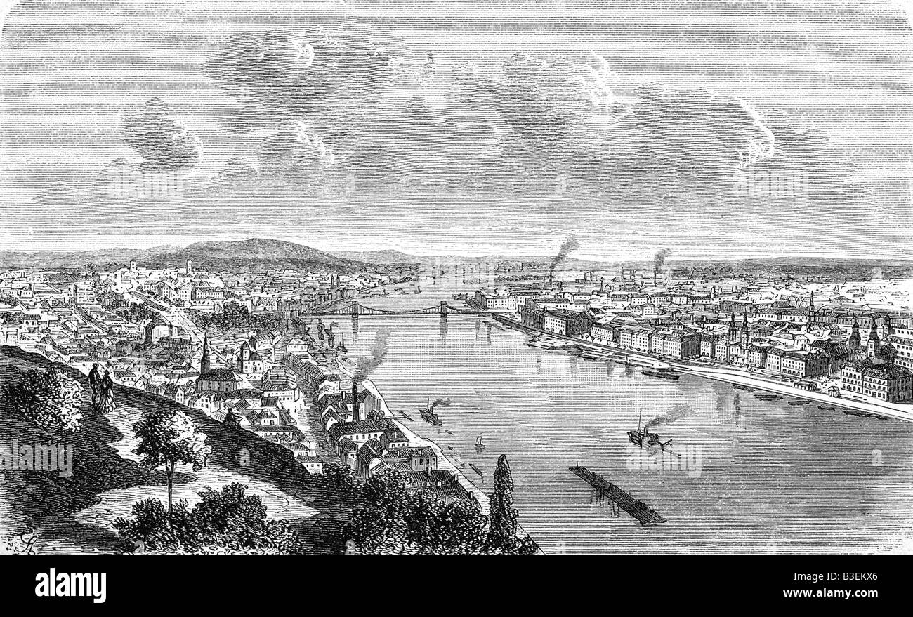 geography / travel, Hungary, Budapest, city views / cityscapes, River Danube between city districts Buda and Pest, engraving, late 19th century, historic, historical, Europe, river, landscape, bridge, chain bridge, ships, Austria-Hungary, Austro-Hungarian Empire, Dual Monarchy, k and k, k.u.k., city view, cityscape, Austria Hungary, Stock Photo