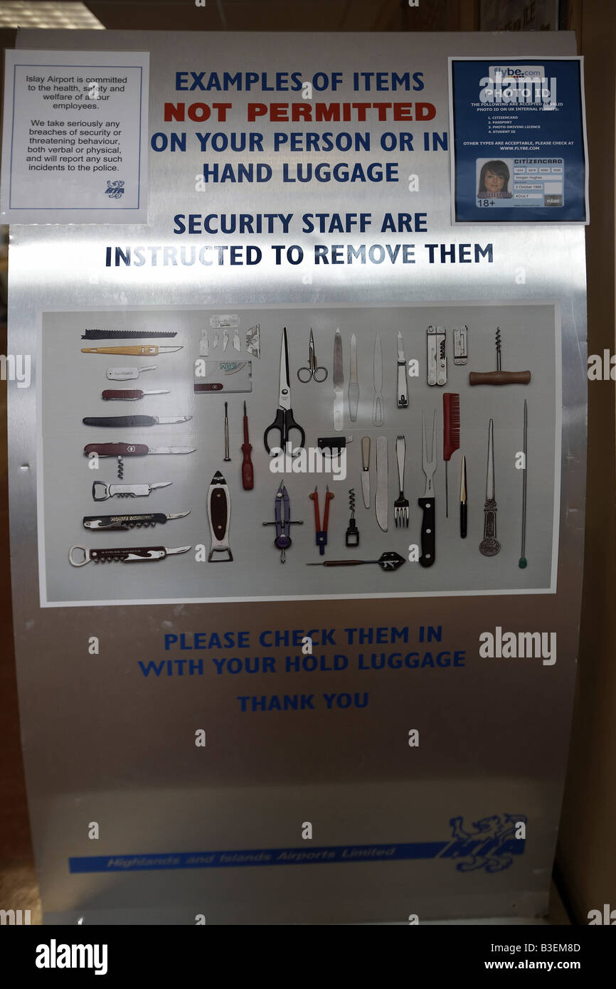 Sign at Islay airport Scotland showing examples of items not permitted