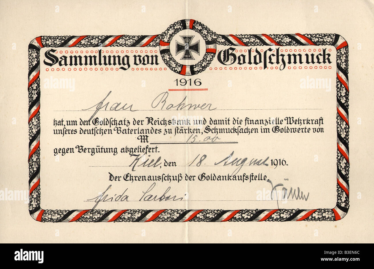 events, First World War / WWI, Germany, collection of gold jewellery, certificate, Kiel, Germany, 18.8.1916, Stock Photo