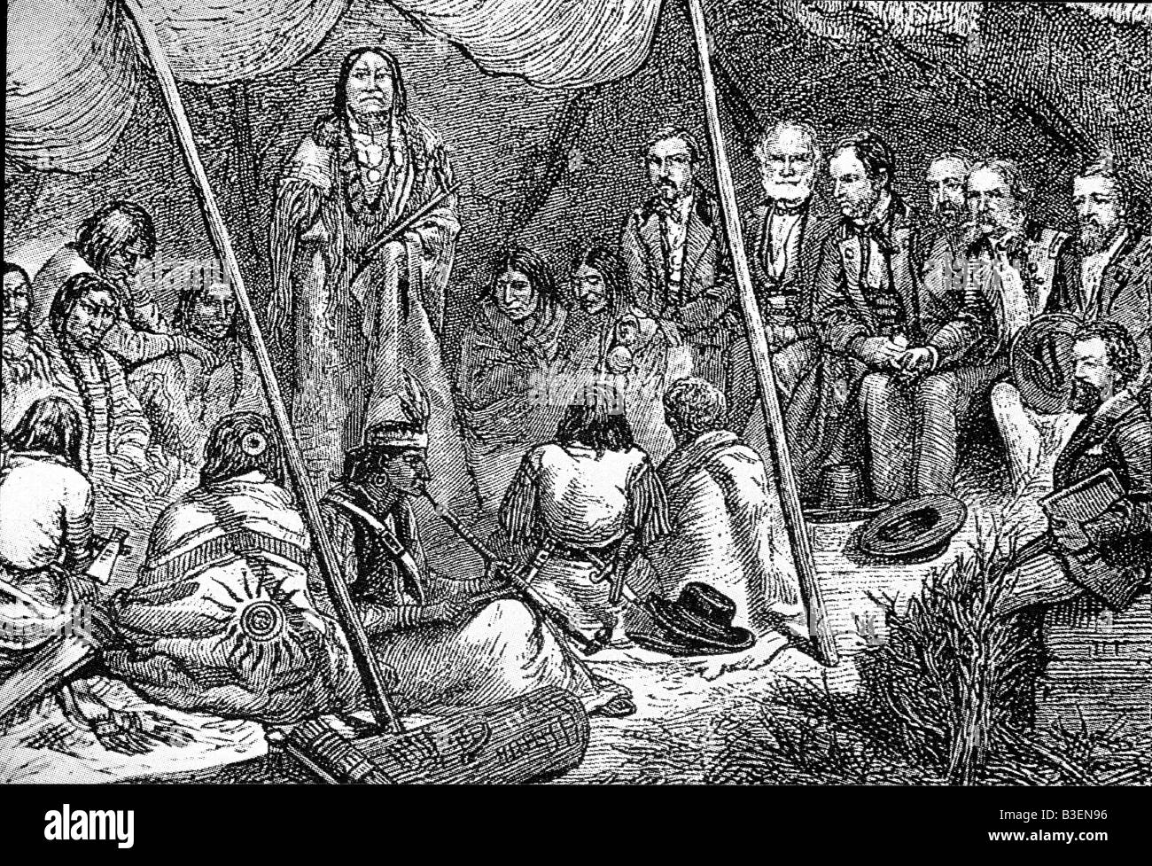 geography/travel, USA, politics, peace conference between the American Gouverment and Native Americans, engraving, 2nd half of 19th century, American Indians, delegation, North America, historic, historical, people, Stock Photo