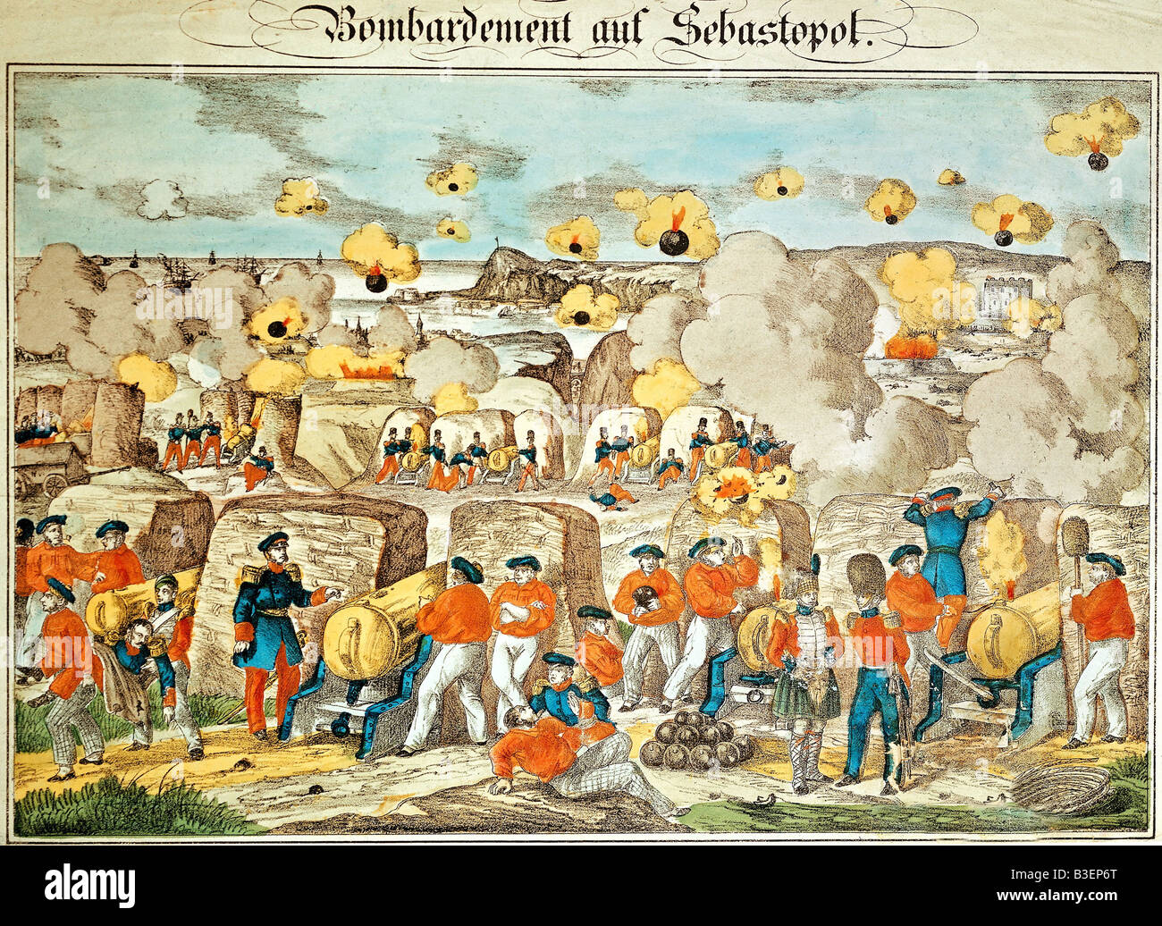 Crimean War 1853 - 1856, siege of Sevastopol 2.9.1854 - 9.9.1855, barrage, coloured engraving, Oehmicke publishing Neuruppin 1855, 21,8x33 cm, privat collection, historic, historical, bombardment by British and French historic, historical, 19th century, artillery battery, combat, artillery of Royal Navy, emplacement, attack, Russia, Great Britain, France, military, army, campaign, people, Stock Photo