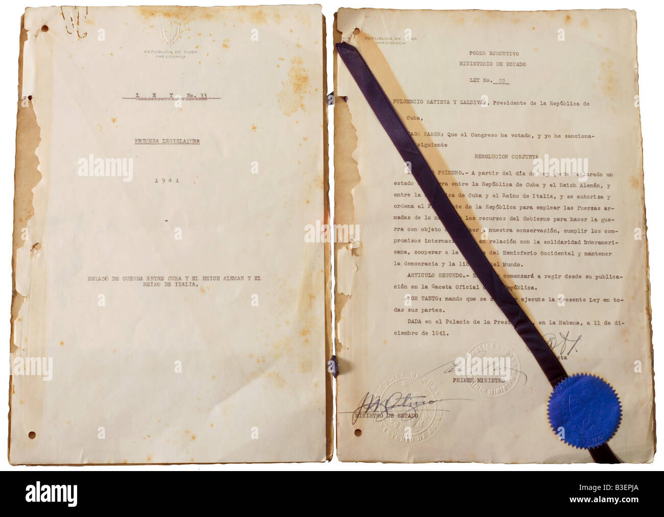 geography/travel, Cuba, politics, documents, law number 33, legislature of 1941, declaration of war against Italy and Germany, Havanna 11.12.1941, seal, document, Second World War, WWII, , Stock Photo