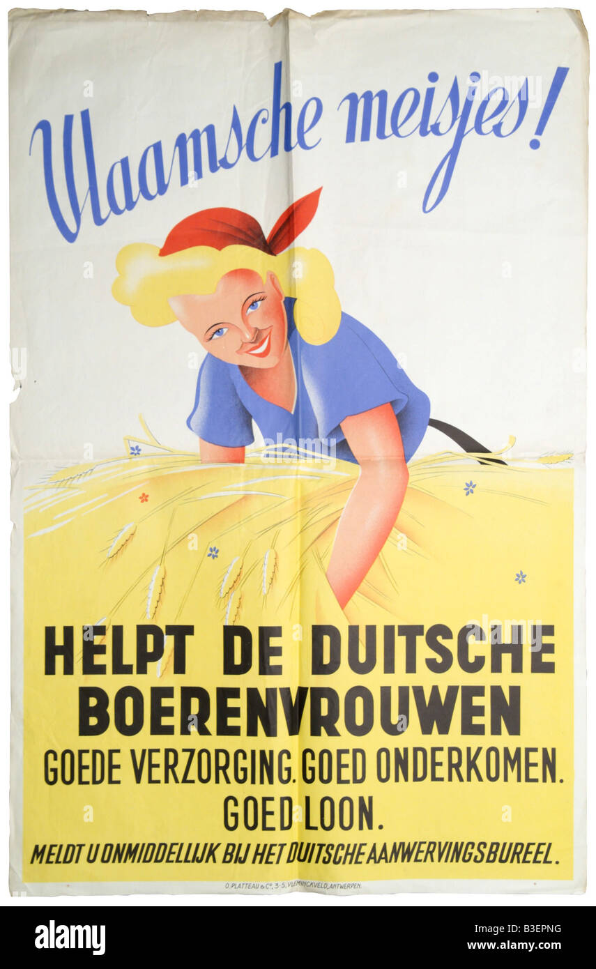 Nazism/National Socialism, propaganda, poster calling Flemish women to voluntary labour service in Nazi Germany, Antwerp circa 1941, Belgium, Flanders, Third Reich, NS, Second World War, WWII, , Stock Photo