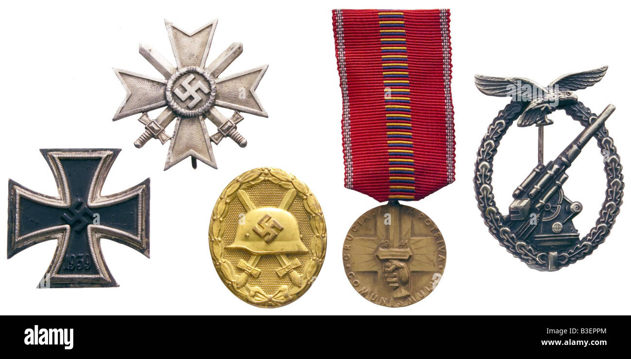 decorations, Germany, from left: Iron Cross 1939, 1st class, War Merit Cross, 1st class, Wound Badge in Gold, Romanian medal 'Crusade against Communism' 1941, Anti-Aircraft Flak Battle Badge, Stock Photo