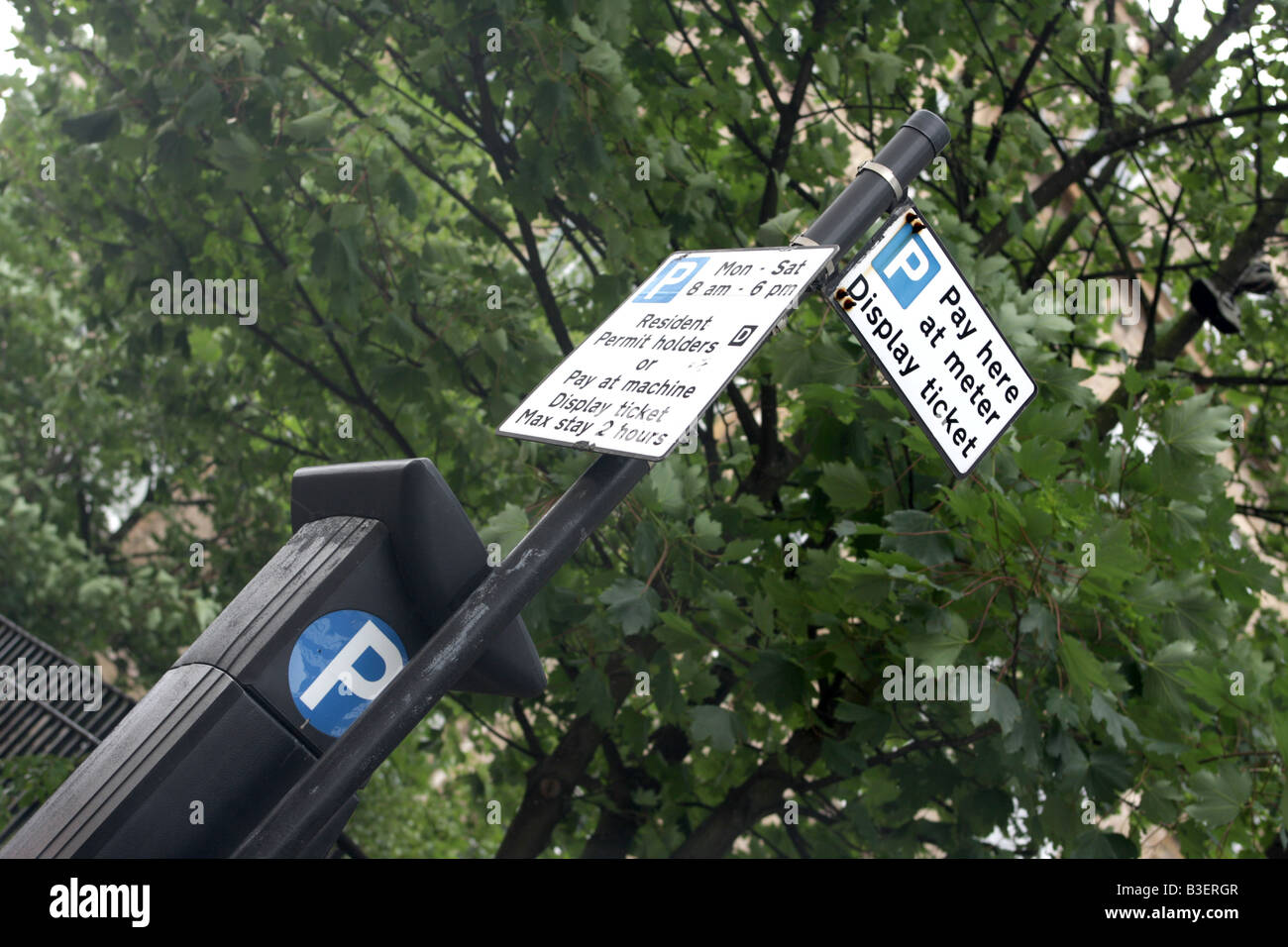 Pay and display parking machine and sign Stock Photo