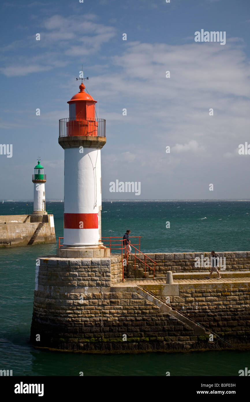 Lighthouses at the Tudy harbour entrance (Groix Island - France). Feux d'entrée de port, à Port Tudy (île de Groix - France). Stock Photo