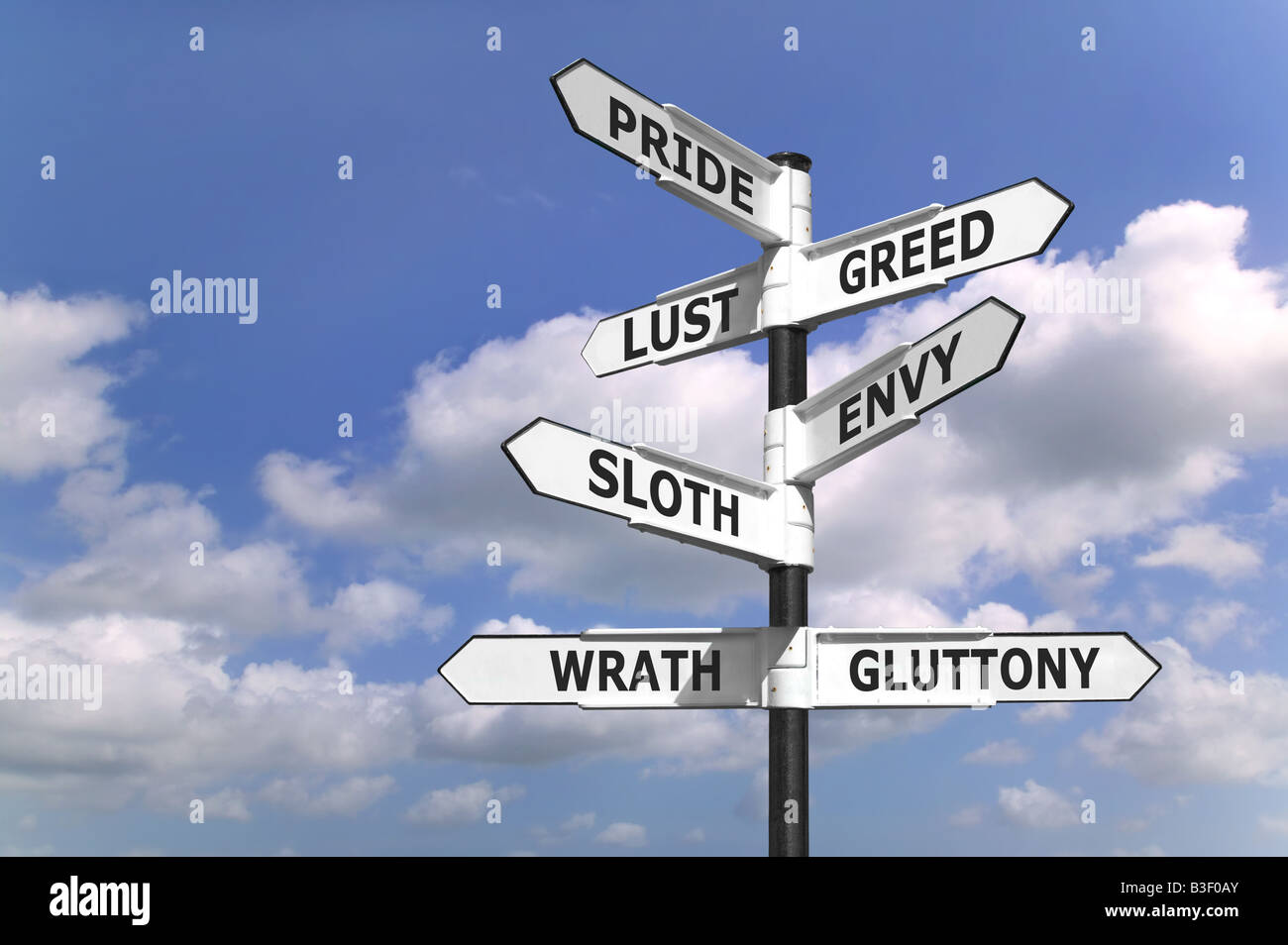 Concept image of a signpost with the seven deadly sins upon the arrows Stock Photo