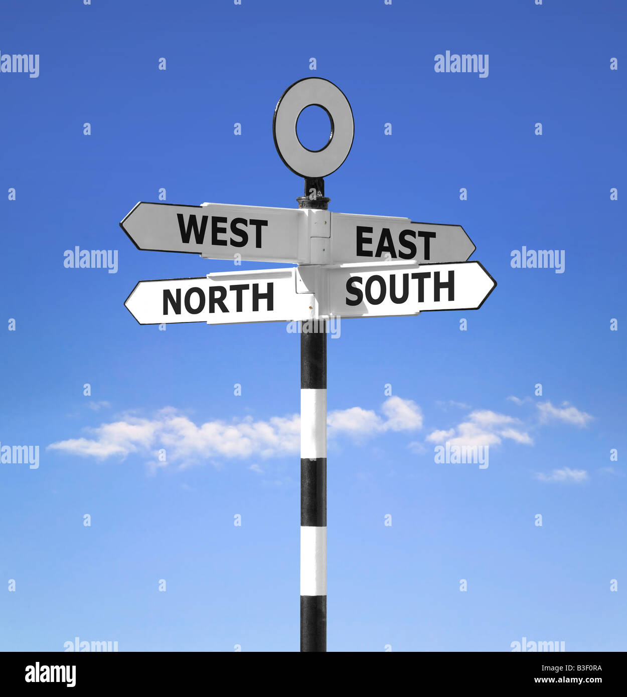 Direction signpost showing the compass points North South West and East against a bright blue sky Stock Photo