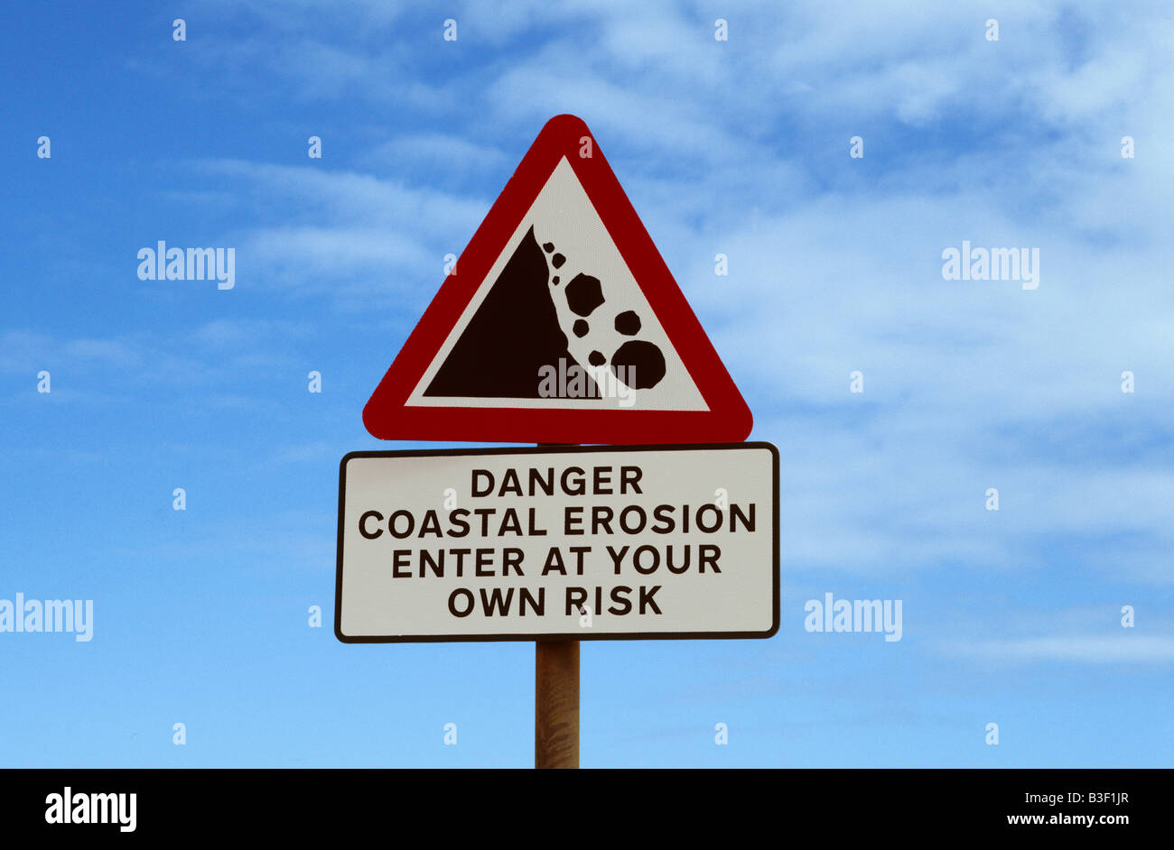 danger warning sign of coastal erosion near Ulrome East coast of Yorkshire UK Stock Photo