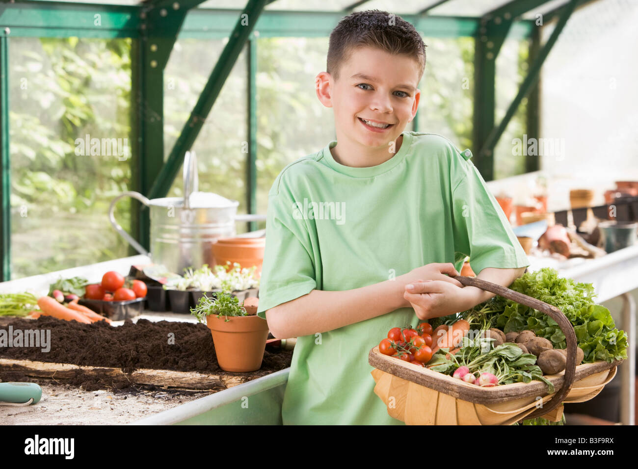 Young boy in greenhouse holding basket of vegetables smiling Stock ...