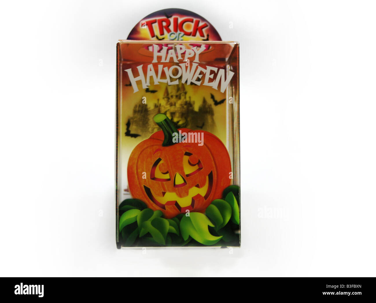 Trick or treat happy halloween stationery holder with picture of a smiling pumpkin for children & adults at home or office use Stock Photo